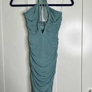 Oh Polly Green Ruched Tie Front Halter Dress